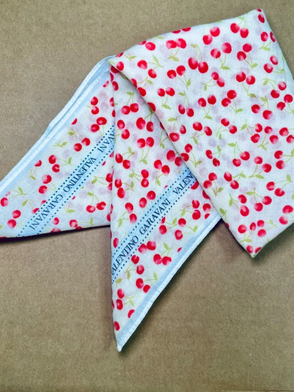 VALENTINO GARAVANI Vintage Cherry Print Cotton Square Scarf / Neckerchief